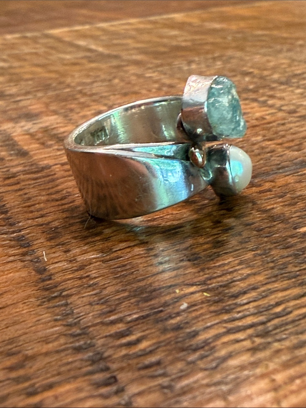 Lilly Barrack Sterling Silver Ring with Aquamarine & Opalescent Cabochon. - Picture 4 of 9